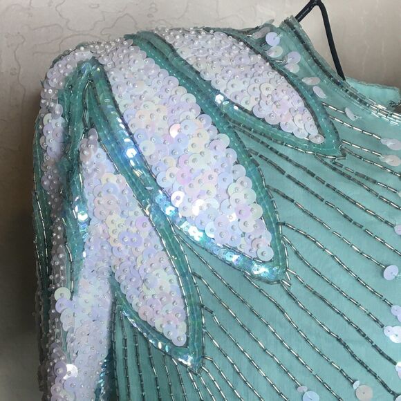 Vth Scala Turquoise White Beaded Sequin Cut Out Back Dress Women’s Size S NWTs - Picture 5 of 12